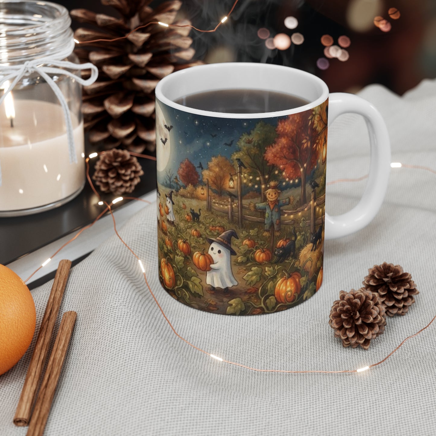Halloween Ghost Pumpkin Patch Mug — Cute Autumn Night Coffee Cup