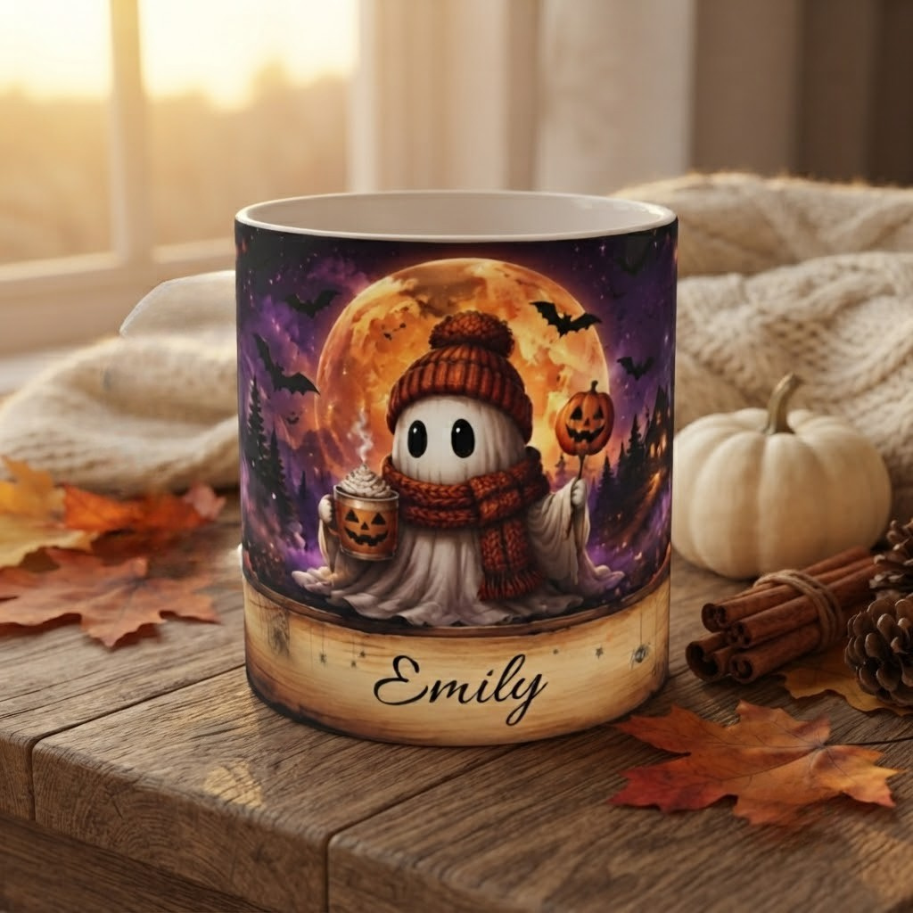 Cute Ghost Halloween Mug | Spooky Pumpkin Latte, Bats & Full Moon