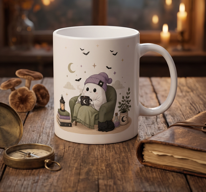 Cozy Halloween Reading Mug Cute Ghost & Cat
