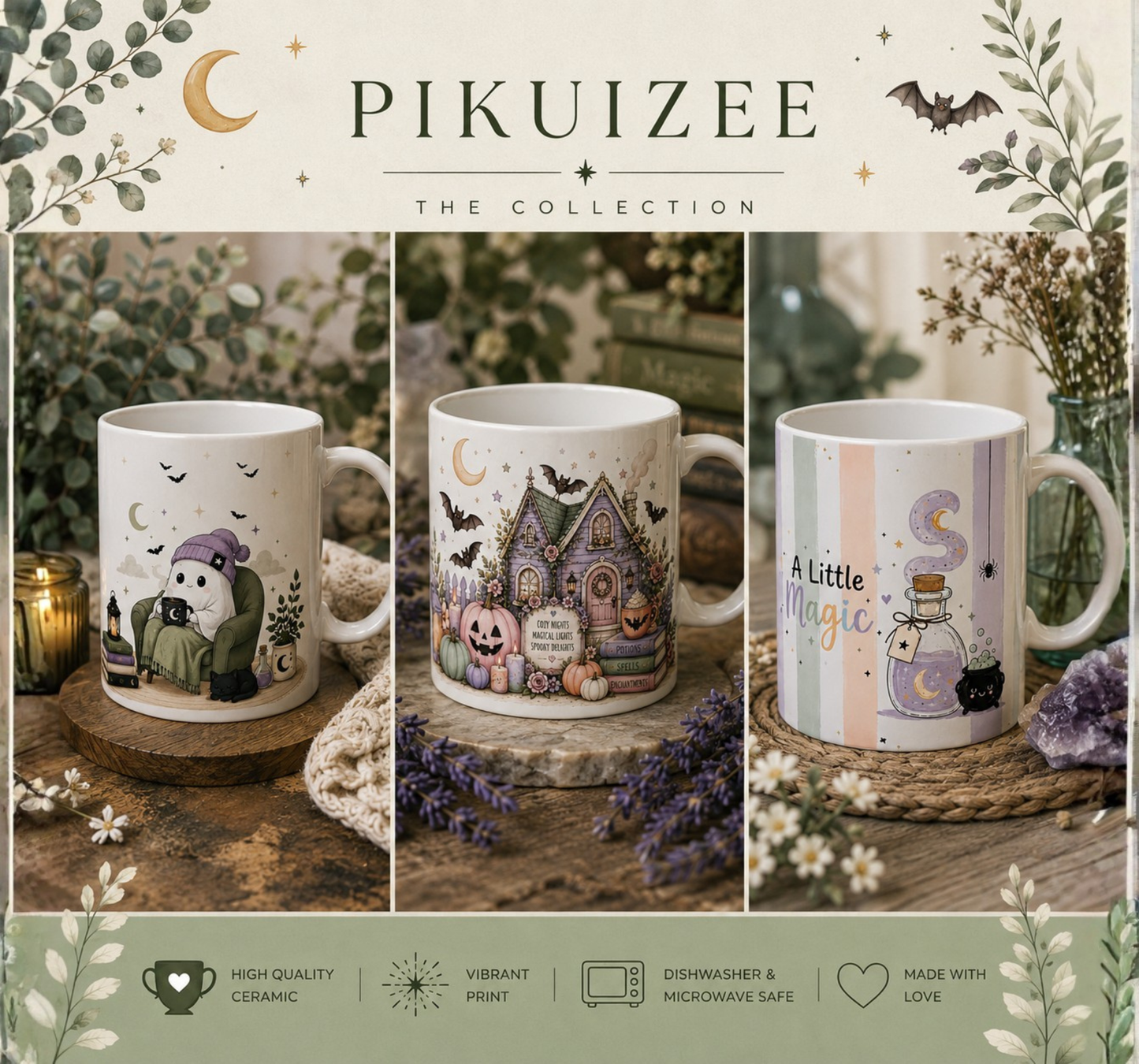Cozy Halloween Reading Mug Cute Ghost & Cat
