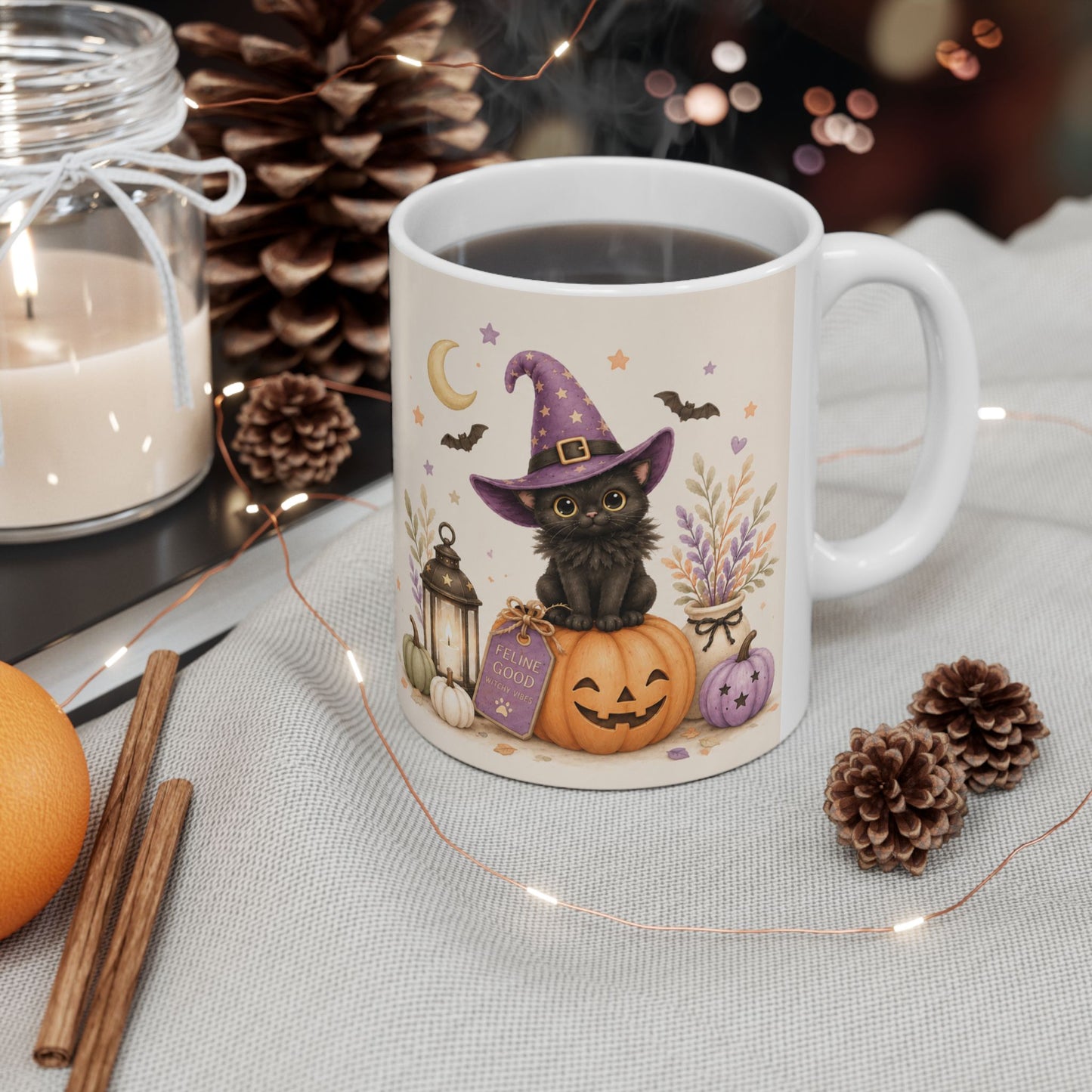 Witchy Magic Ceramic Mug — Cute Halloween Witch Pumpkin Lantern Coffee Cup (11oz/15oz)