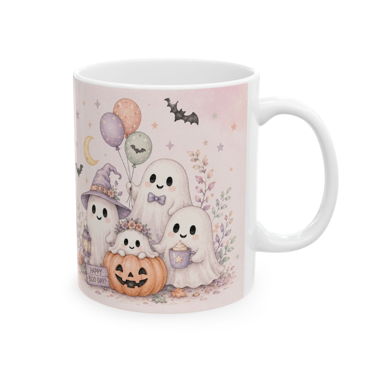 Halloween Ghost Ceramic Mug — Cute Spooky Nights, Treats & Memories Coffee Cup (11oz/15oz)