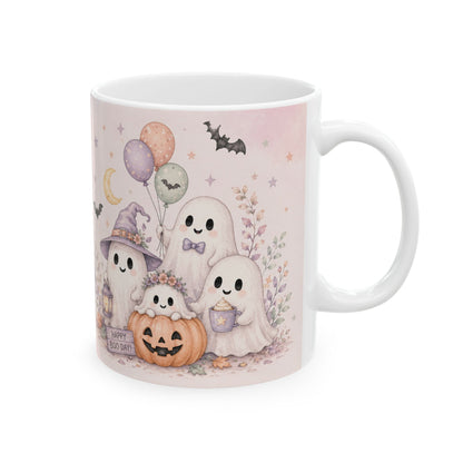 Halloween Ghost Ceramic Mug — Cute Spooky Nights, Treats & Memories Coffee Cup (11oz/15oz)