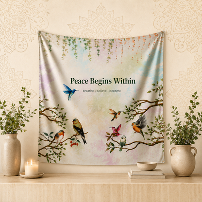 Peace Begins Within Wall Tapestry | Mindfulness Bird Art