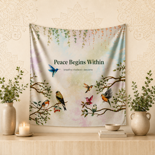 Peace Begins Within Wall Tapestry | Mindfulness Bird Art