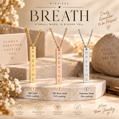 BREATHE Engraved Bar Necklace Minimalist Pendant