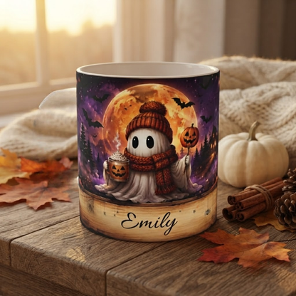 Cute Ghost Halloween Mug | Spooky Pumpkin Latte, Bats & Full Moon