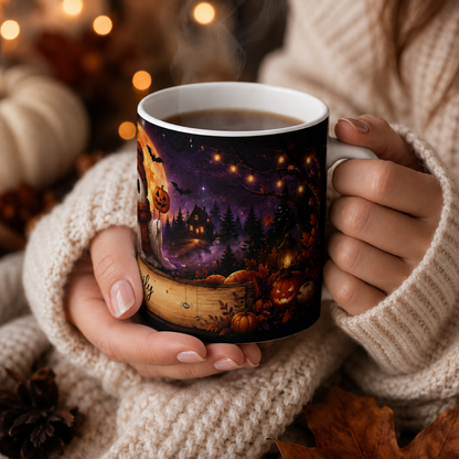 Cute Ghost Halloween Mug | Spooky Pumpkin Latte, Bats & Full Moon