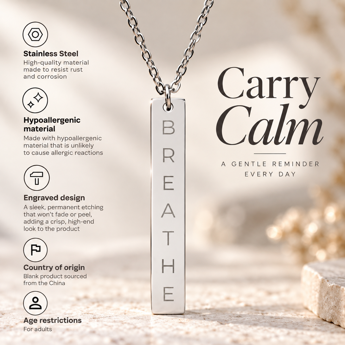 BREATHE Engraved Bar Necklace Minimalist Pendant