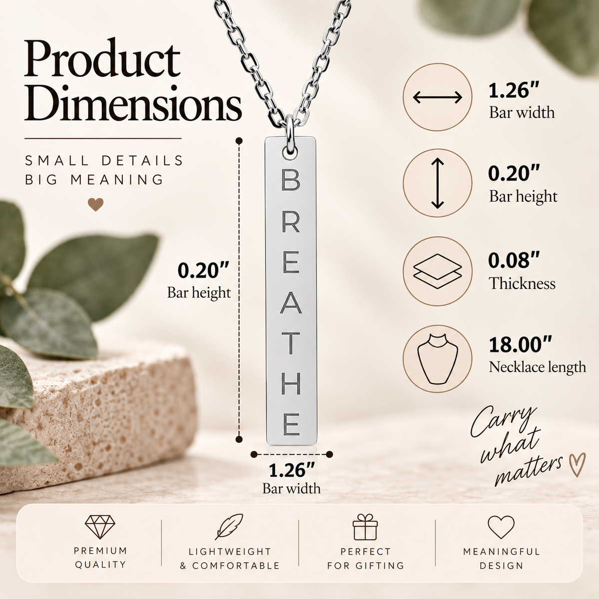 BREATHE Engraved Bar Necklace Minimalist Pendant