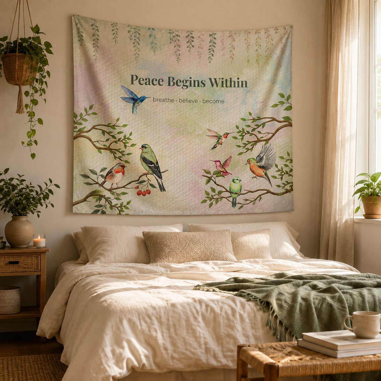 Peace Begins Within Wall Tapestry | Mindfulness Bird Art