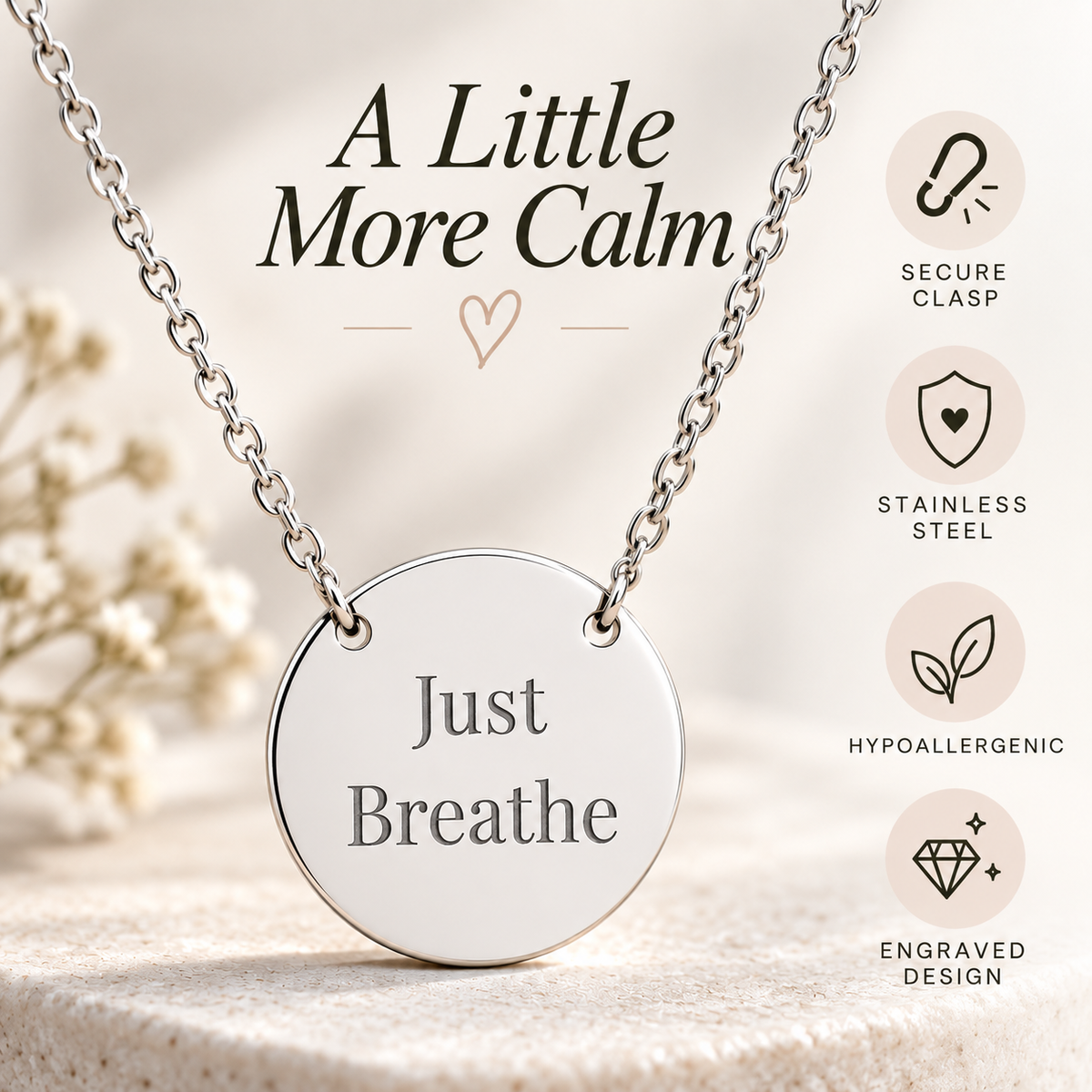 Just Breathe Circle Necklace Inspirational Pendant