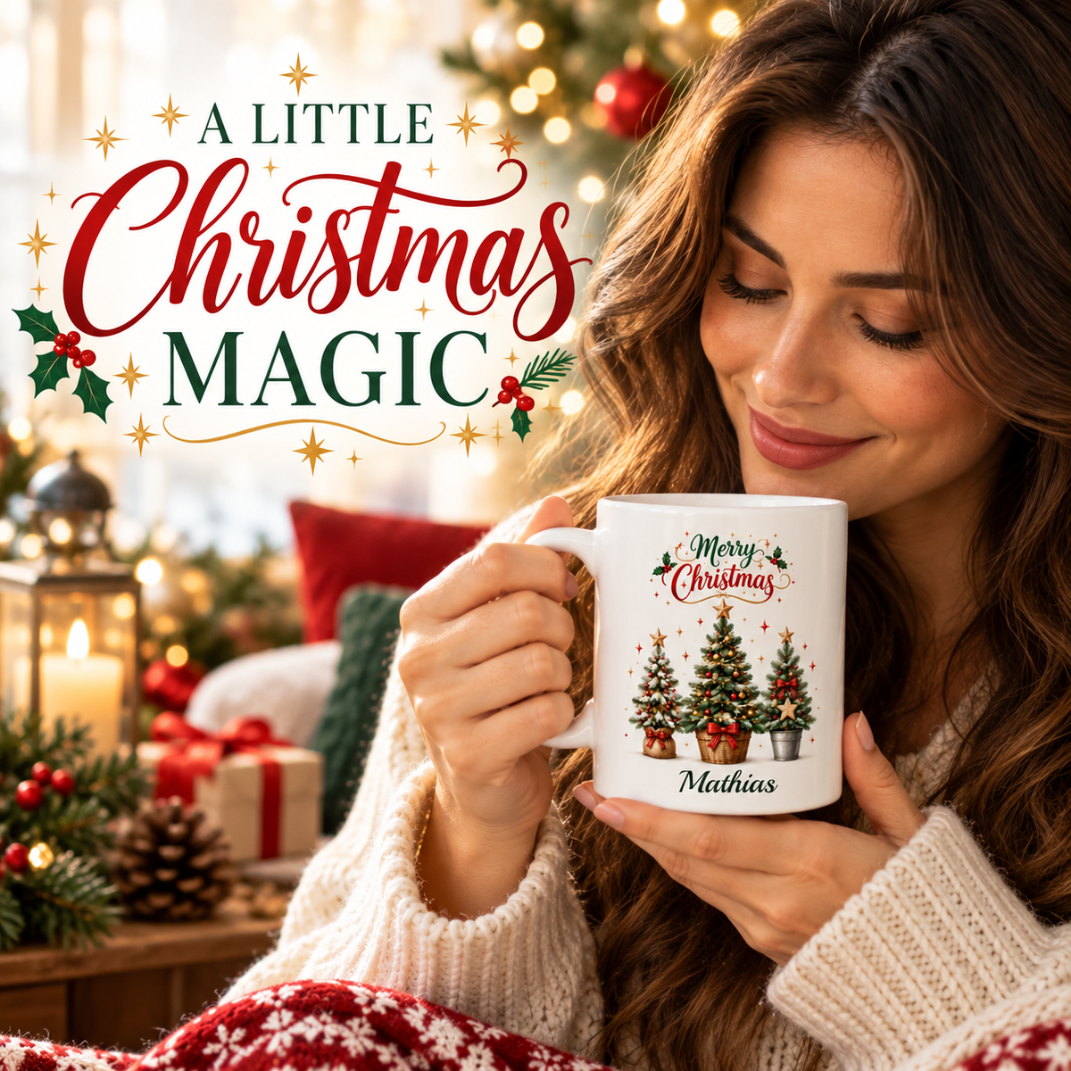 Christmas Floral Lettering Mug, Ceramic Holiday Drinkware