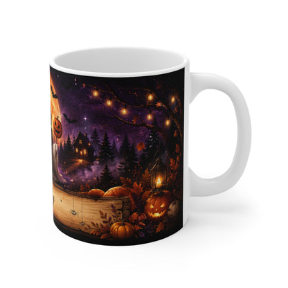 Cute Ghost Halloween Mug | Spooky Pumpkin Latte, Bats & Full Moon