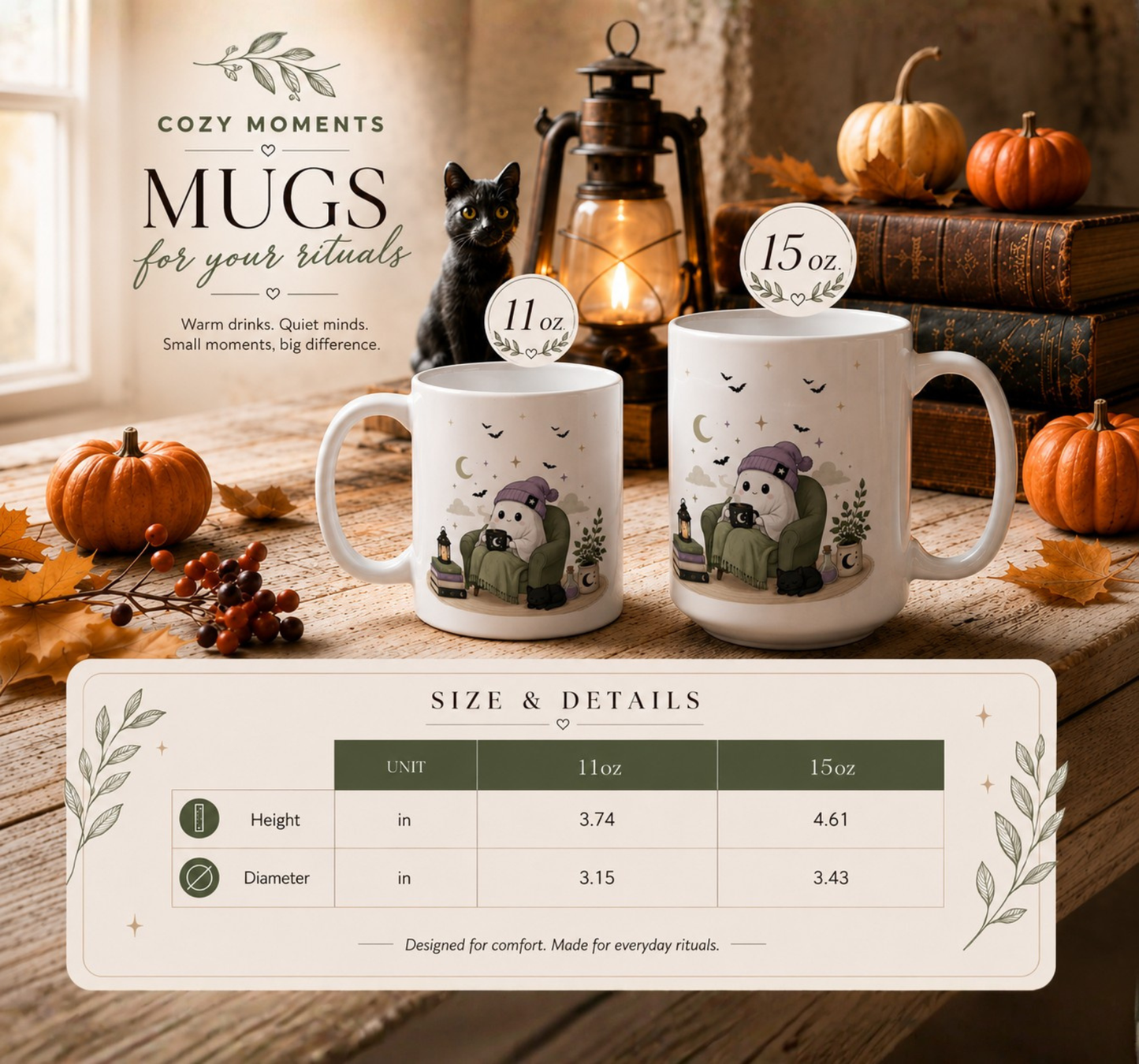 Cozy Halloween Reading Mug Cute Ghost & Cat