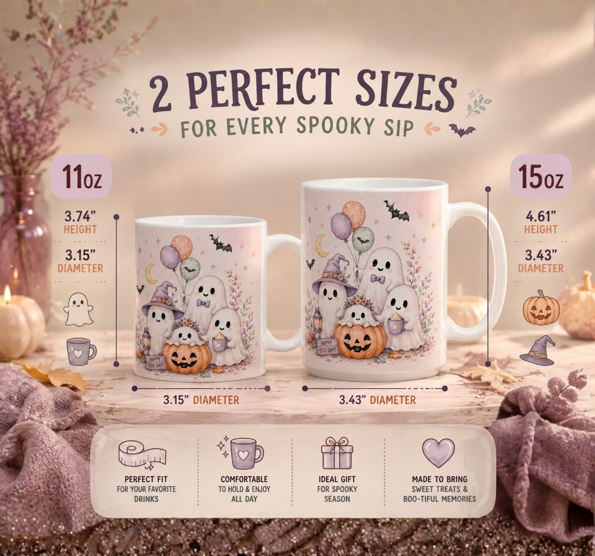 Halloween Ghost Ceramic Mug — Cute Spooky Nights, Treats & Memories Coffee Cup (11oz/15oz)