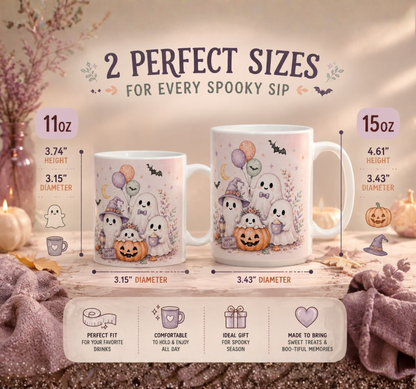 Halloween Ghost Ceramic Mug — Cute Spooky Nights, Treats & Memories Coffee Cup (11oz/15oz)