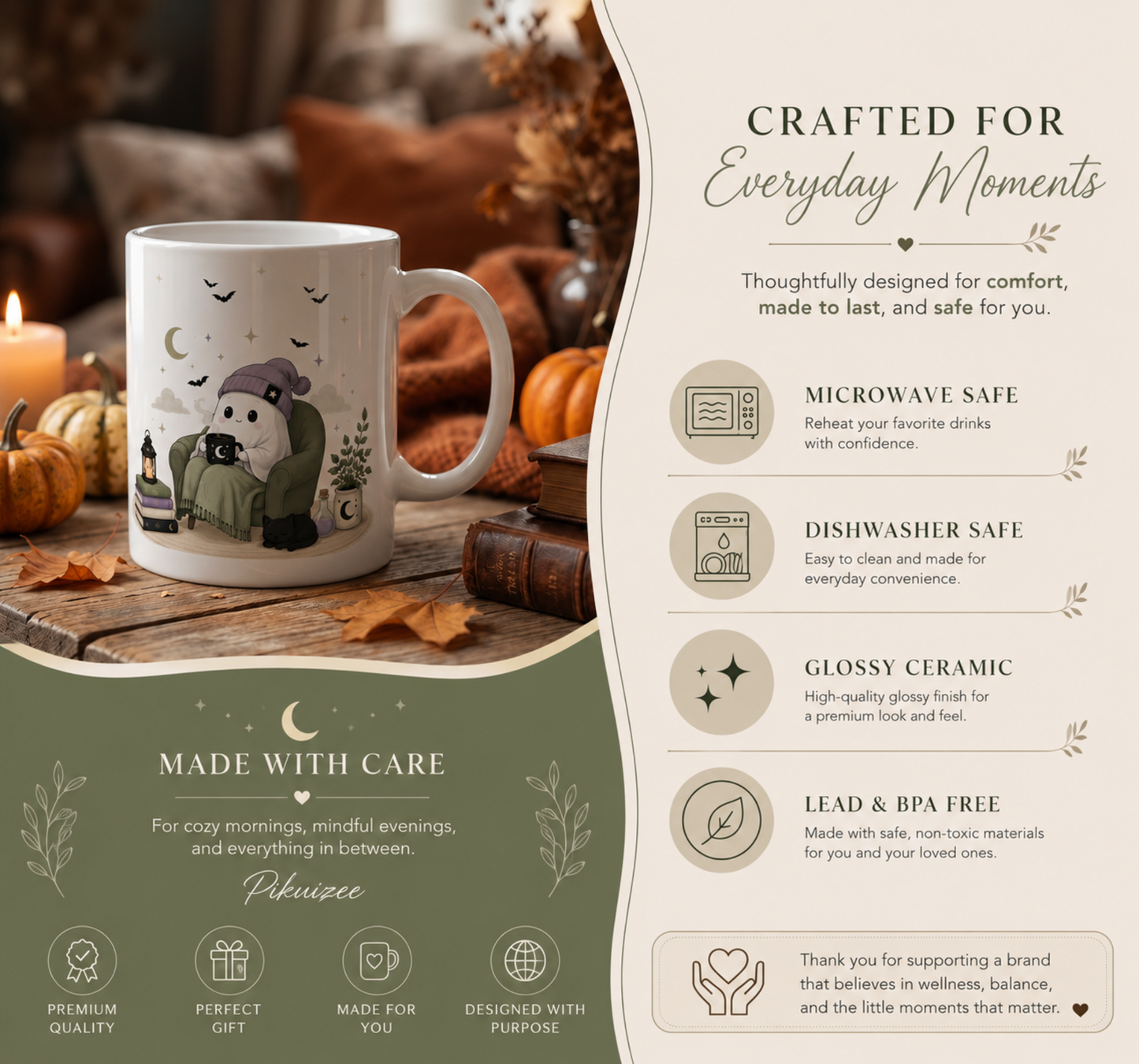 Cozy Halloween Reading Mug Cute Ghost & Cat