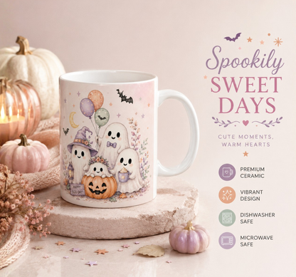 Halloween Ghost Ceramic Mug — Cute Spooky Nights, Treats & Memories Coffee Cup (11oz/15oz)