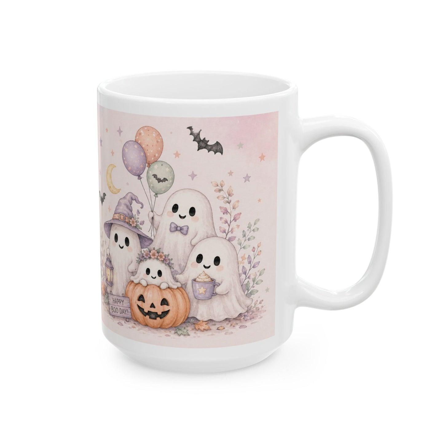 Halloween Ghost Ceramic Mug — Cute Spooky Nights, Treats & Memories Coffee Cup (11oz/15oz)