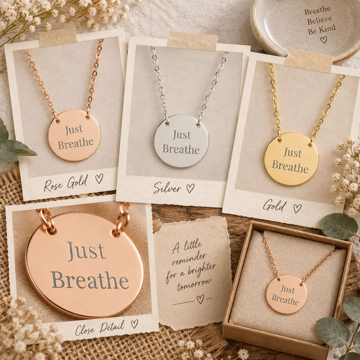 Just Breathe Circle Necklace Inspirational Pendant