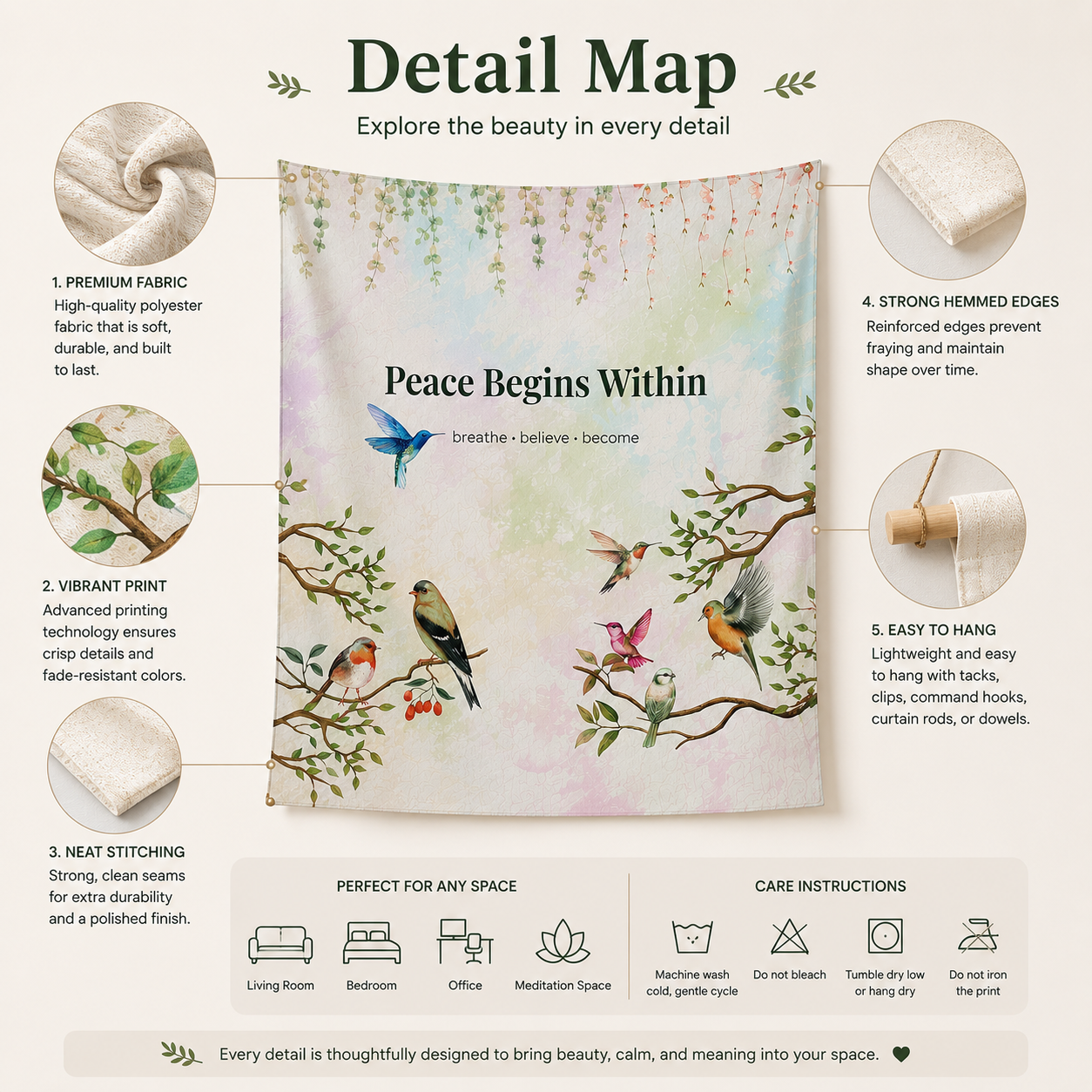 Peace Begins Within Wall Tapestry | Mindfulness Bird Art