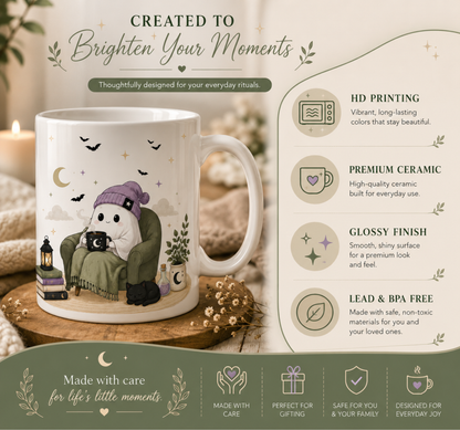 Cozy Halloween Reading Mug Cute Ghost & Cat