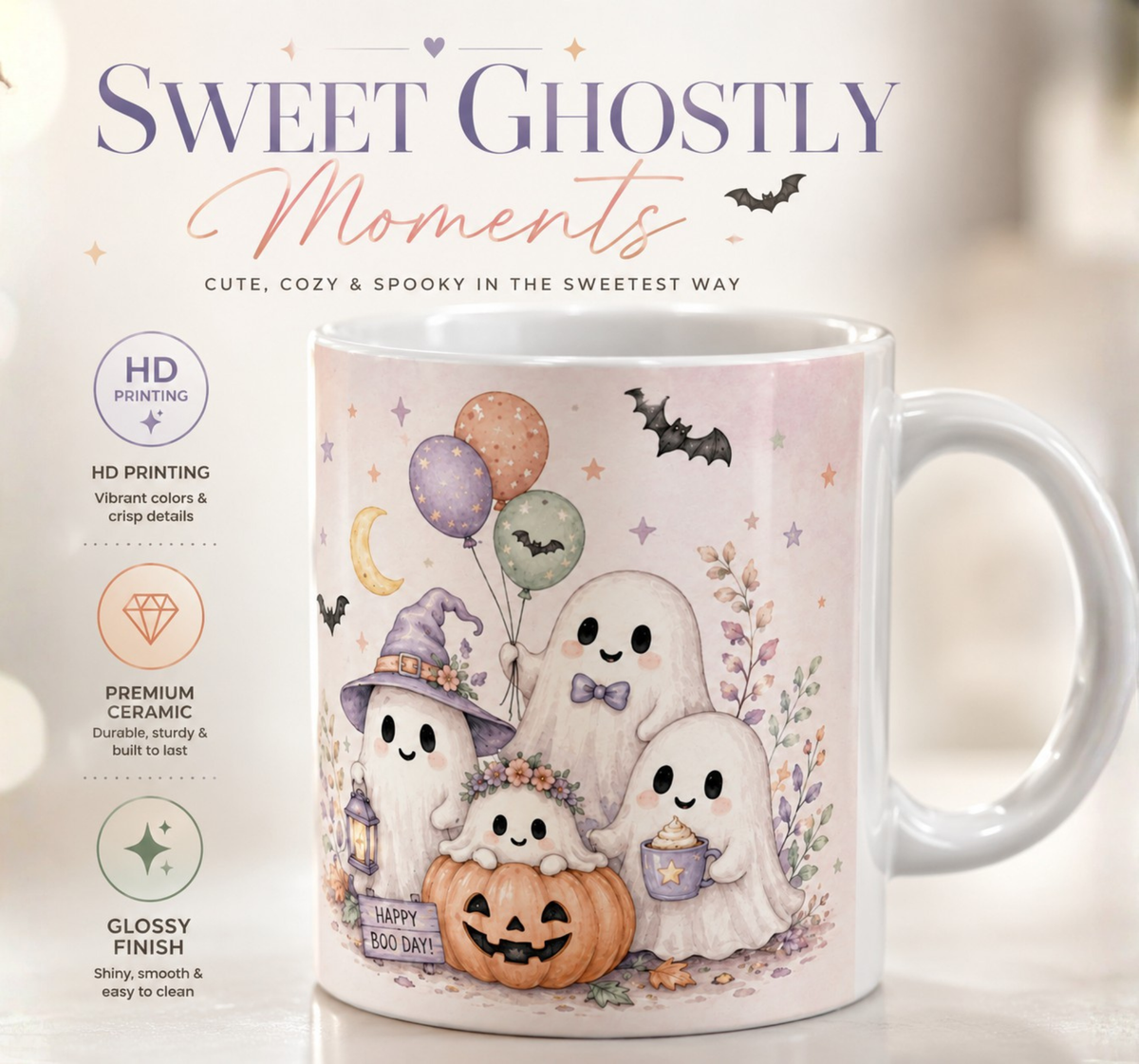 Halloween Ghost Ceramic Mug — Cute Spooky Nights, Treats & Memories Coffee Cup (11oz/15oz)