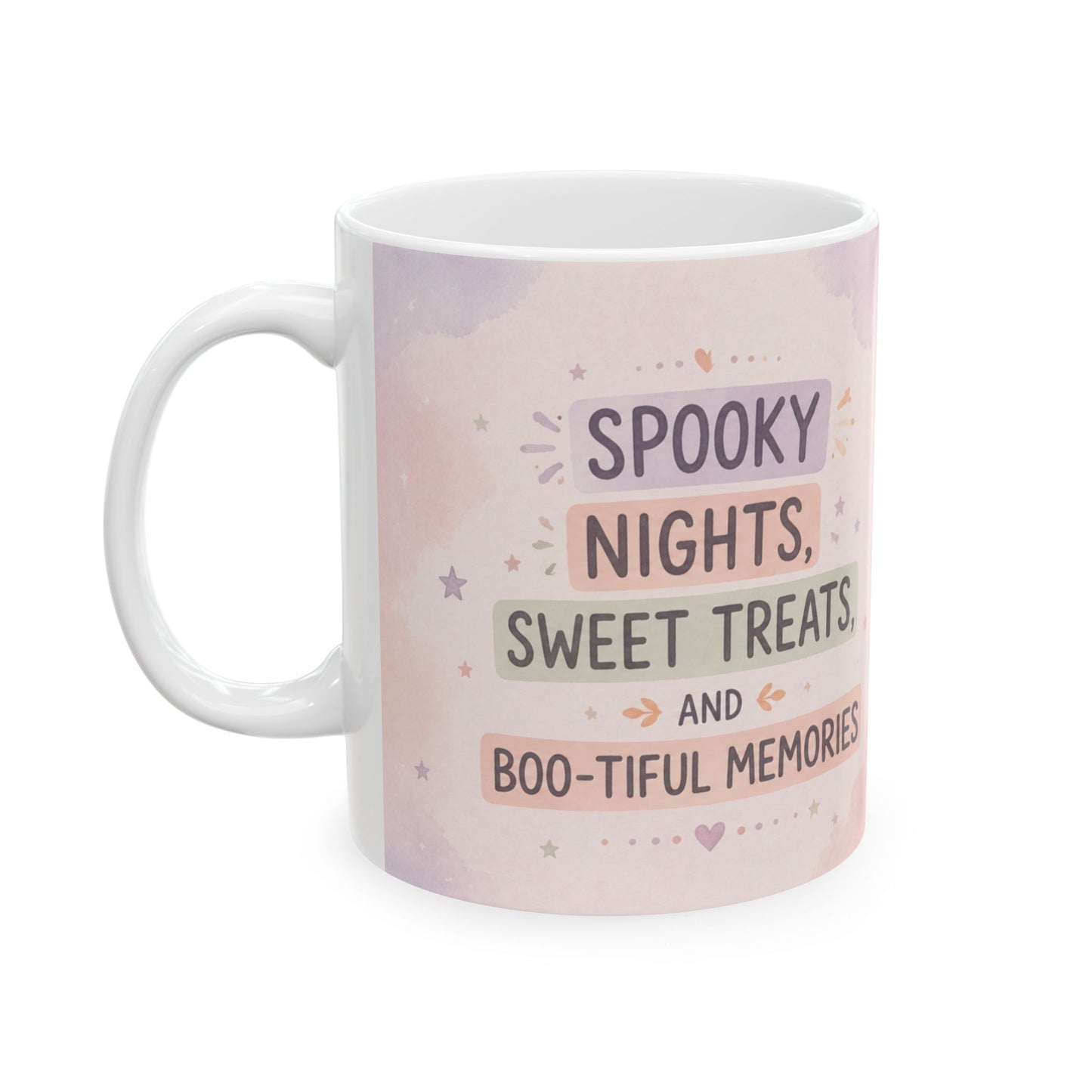 Halloween Ghost Ceramic Mug — Cute Spooky Nights, Treats & Memories Coffee Cup (11oz/15oz)