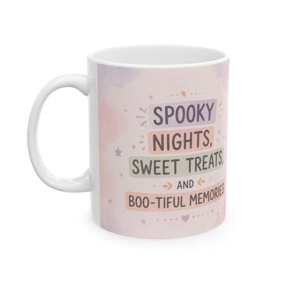 Halloween Ghost Ceramic Mug — Cute Spooky Nights, Treats & Memories Coffee Cup (11oz/15oz)