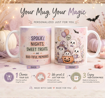 Halloween Ghost Ceramic Mug — Cute Spooky Nights, Treats & Memories Coffee Cup (11oz/15oz)