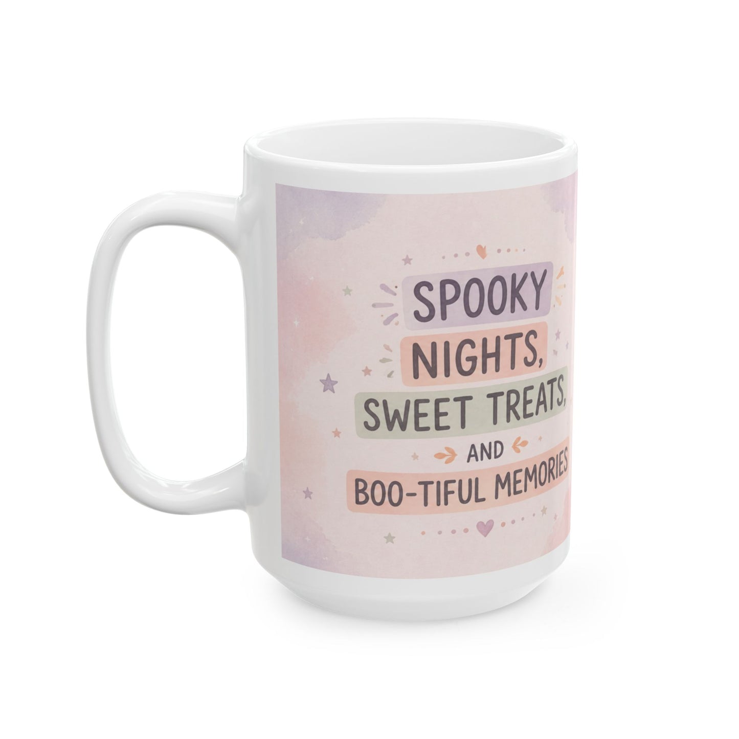 Halloween Ghost Ceramic Mug — Cute Spooky Nights, Treats & Memories Coffee Cup (11oz/15oz)