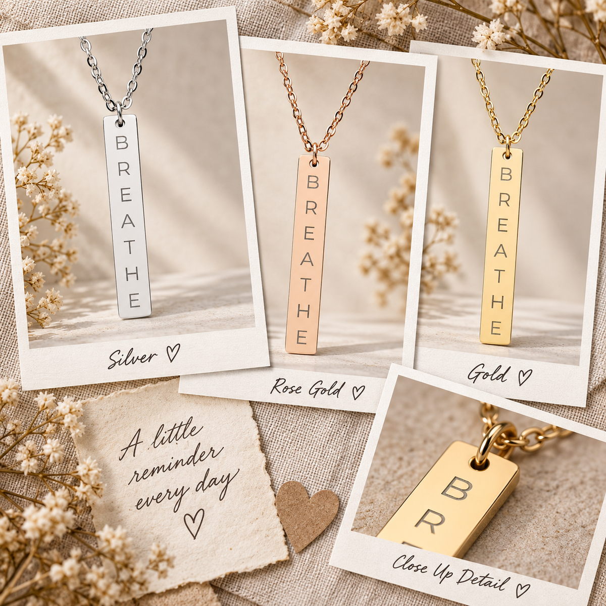 BREATHE Engraved Bar Necklace Minimalist Pendant