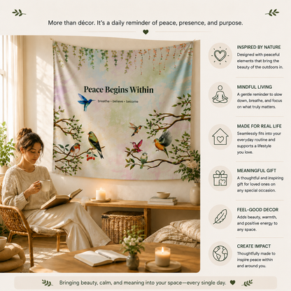 Peace Begins Within Wall Tapestry | Mindfulness Bird Art