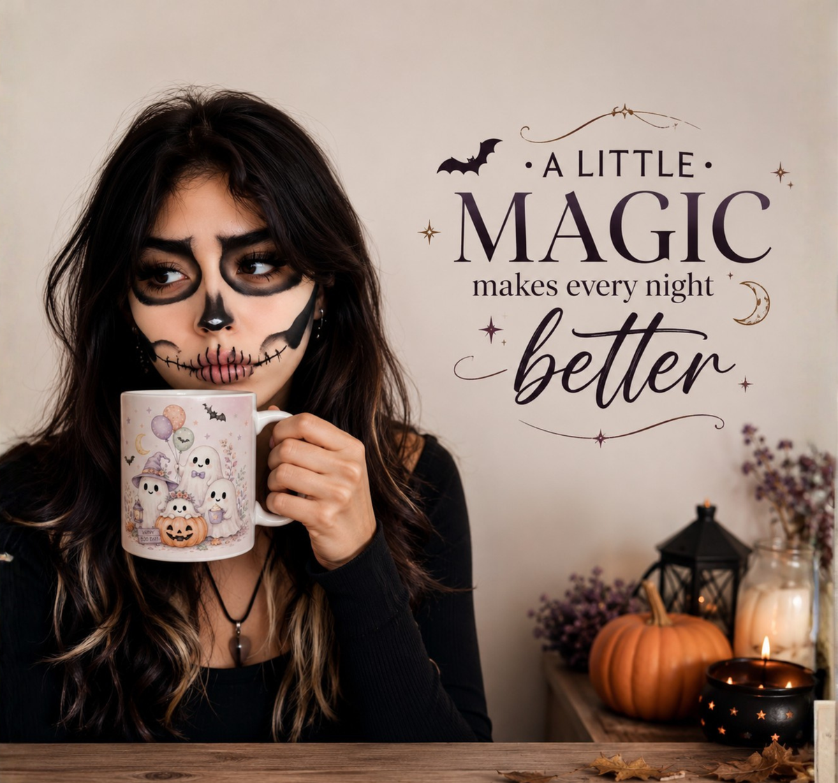 Halloween Ghost Ceramic Mug — Cute Spooky Nights, Treats & Memories Coffee Cup (11oz/15oz)