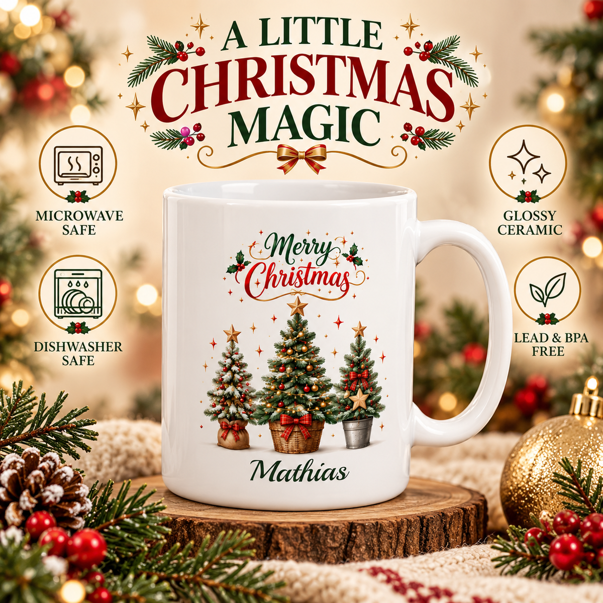 Christmas Floral Lettering Mug, Ceramic Holiday Drinkware