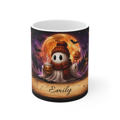 Cute Ghost Halloween Mug | Spooky Pumpkin Latte, Bats & Full Moon