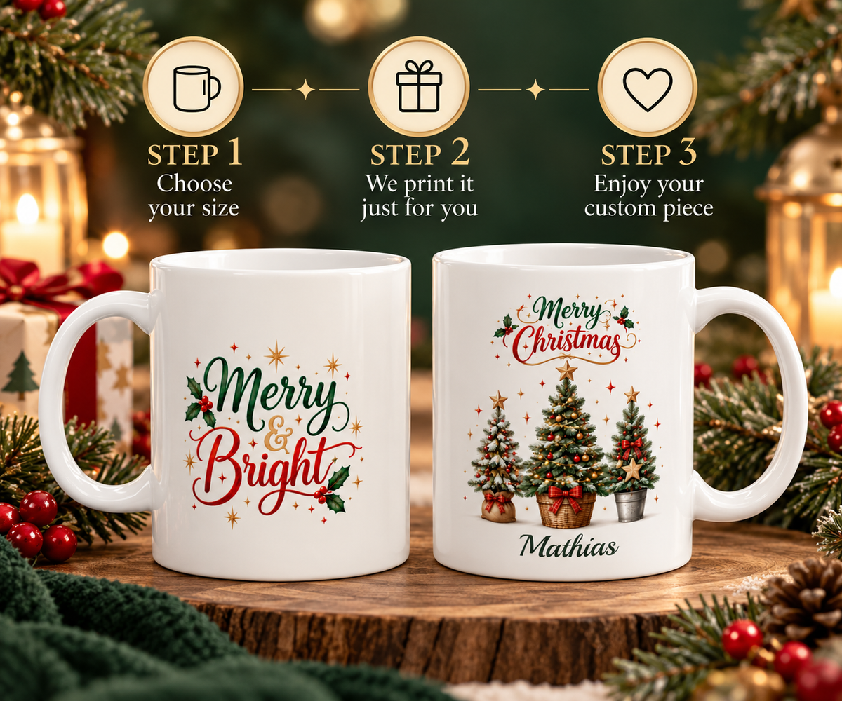 Christmas Floral Lettering Mug, Ceramic Holiday Drinkware