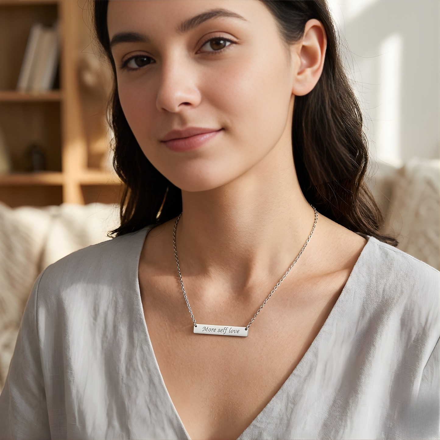 More Self Love Bar Necklace Engraved Stainless Pendant