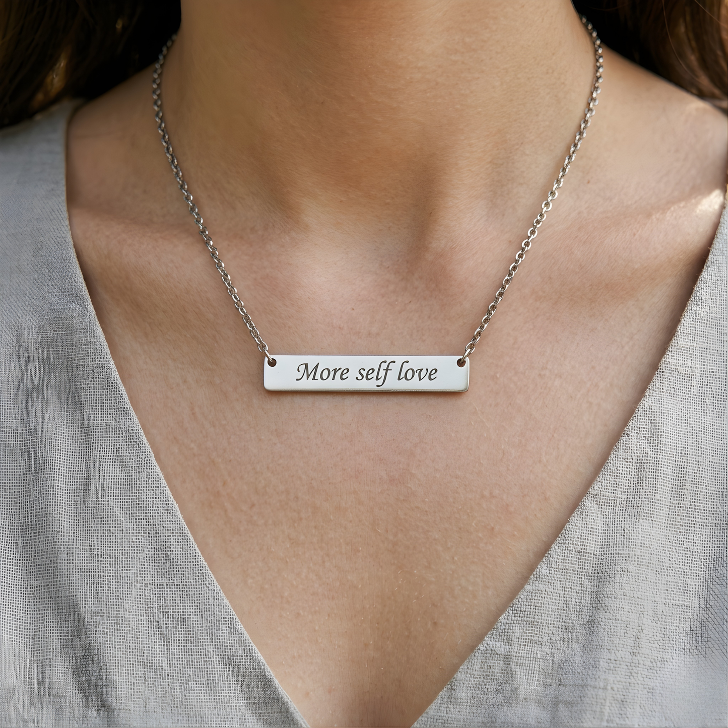More Self Love Bar Necklace Engraved Stainless Pendant