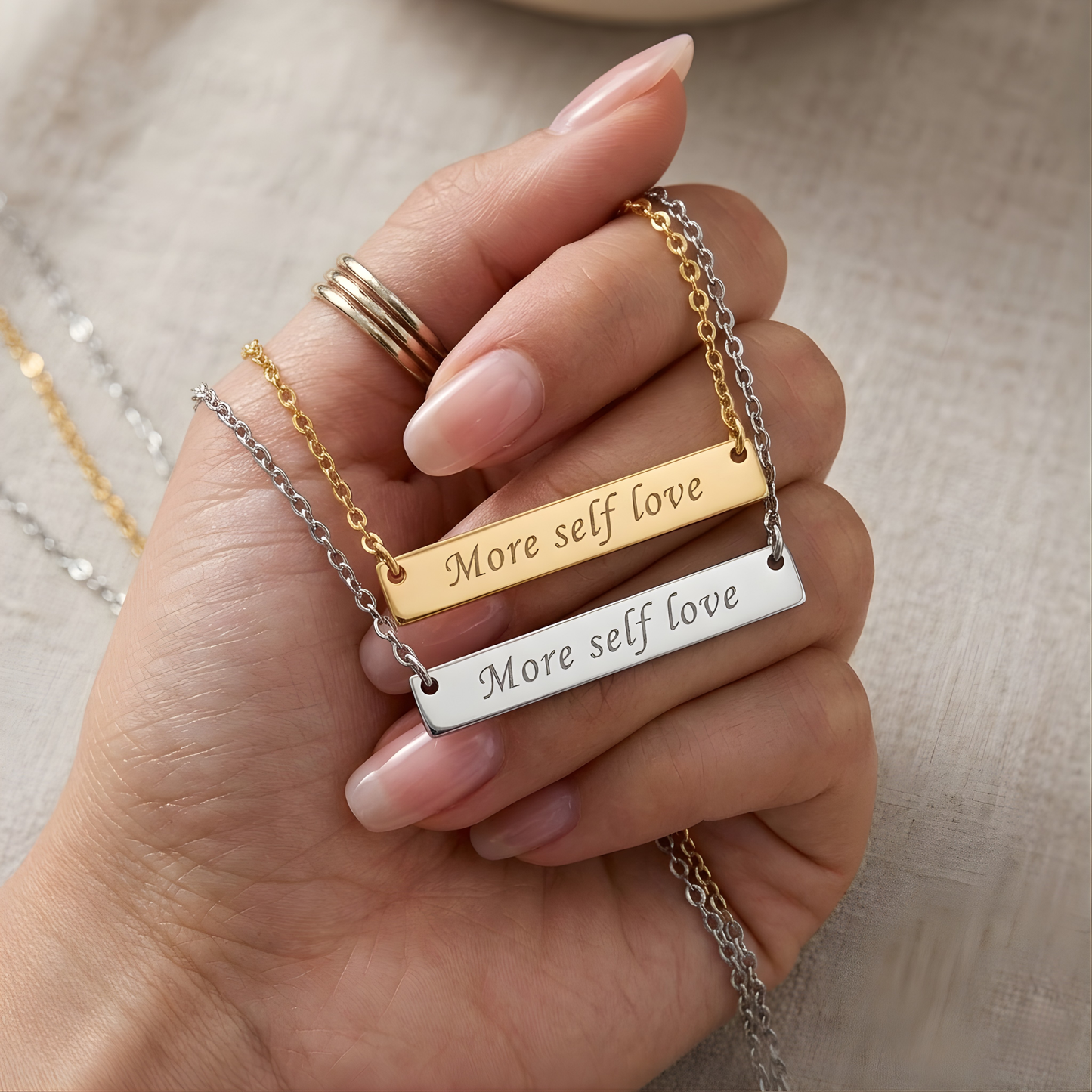 More Self Love Bar Necklace Engraved Stainless Pendant