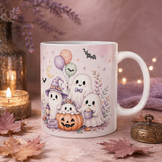 Halloween Ghost Ceramic Mug — Cute Spooky Nights, Treats & Memories Coffee Cup (11oz/15oz)