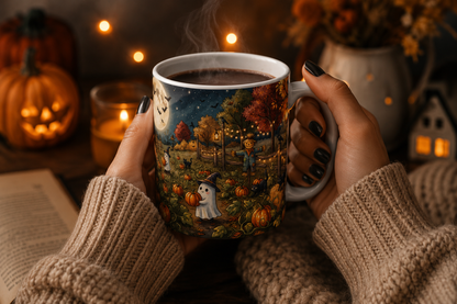 Halloween Ghost Pumpkin Patch Mug — Cute Autumn Night Coffee Cup