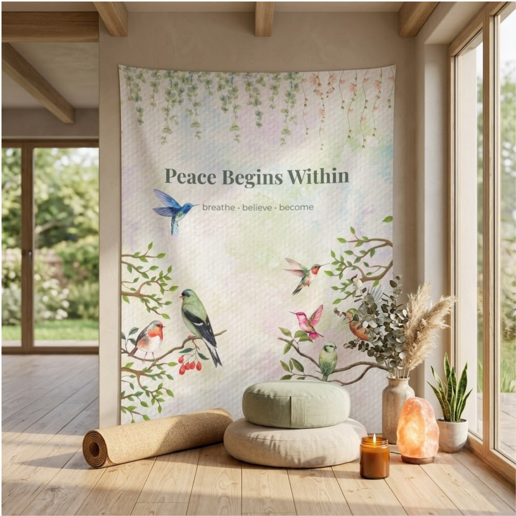 Peace Begins Within Wall Tapestry | Mindfulness Bird Art