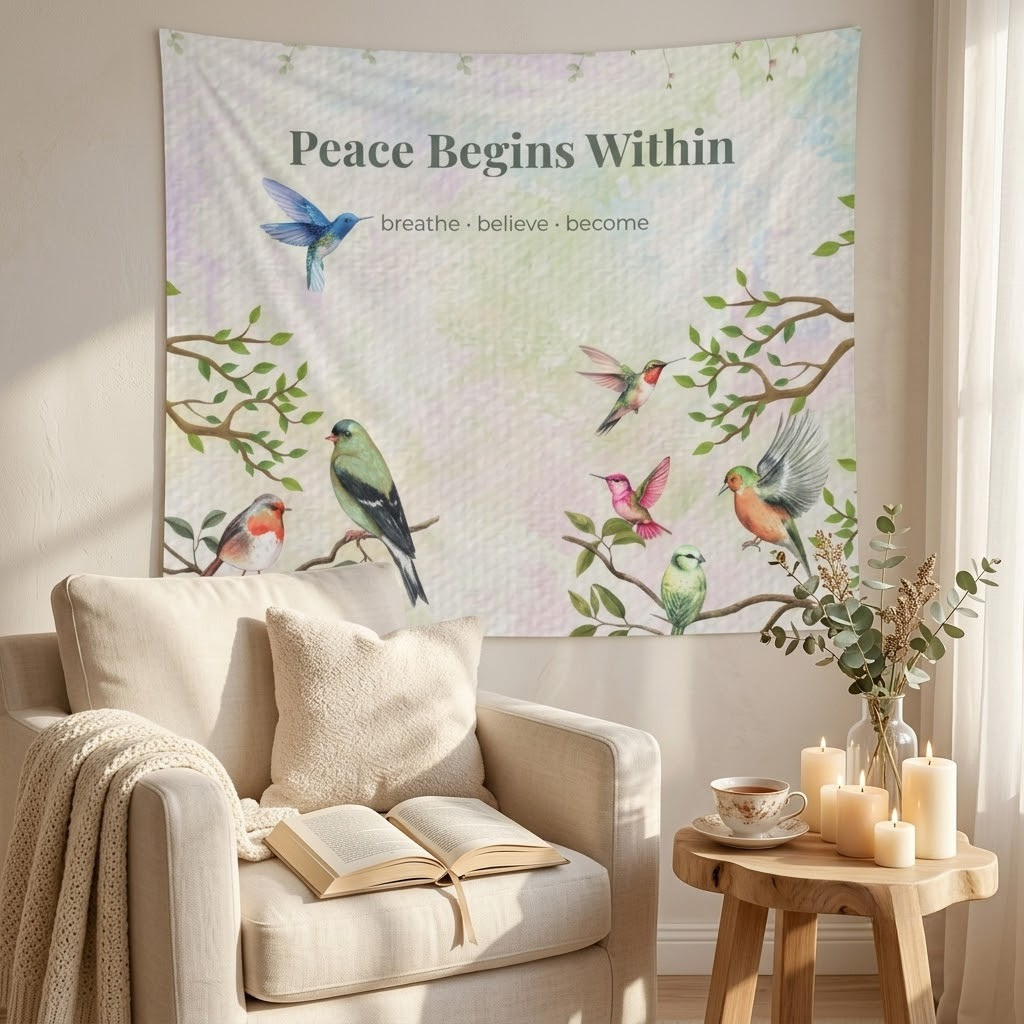 Peace Begins Within Wall Tapestry | Mindfulness Bird Art