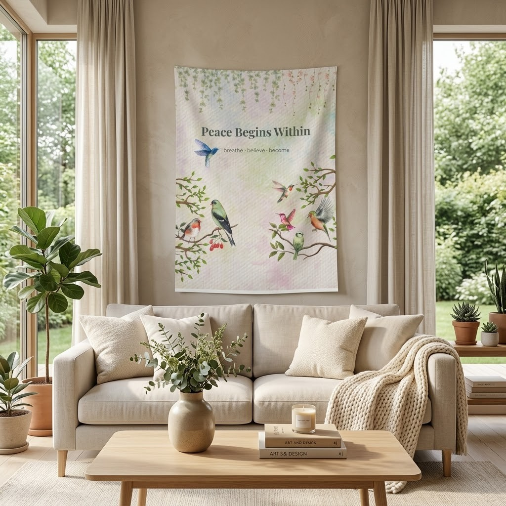 Peace Begins Within Wall Tapestry | Mindfulness Bird Art