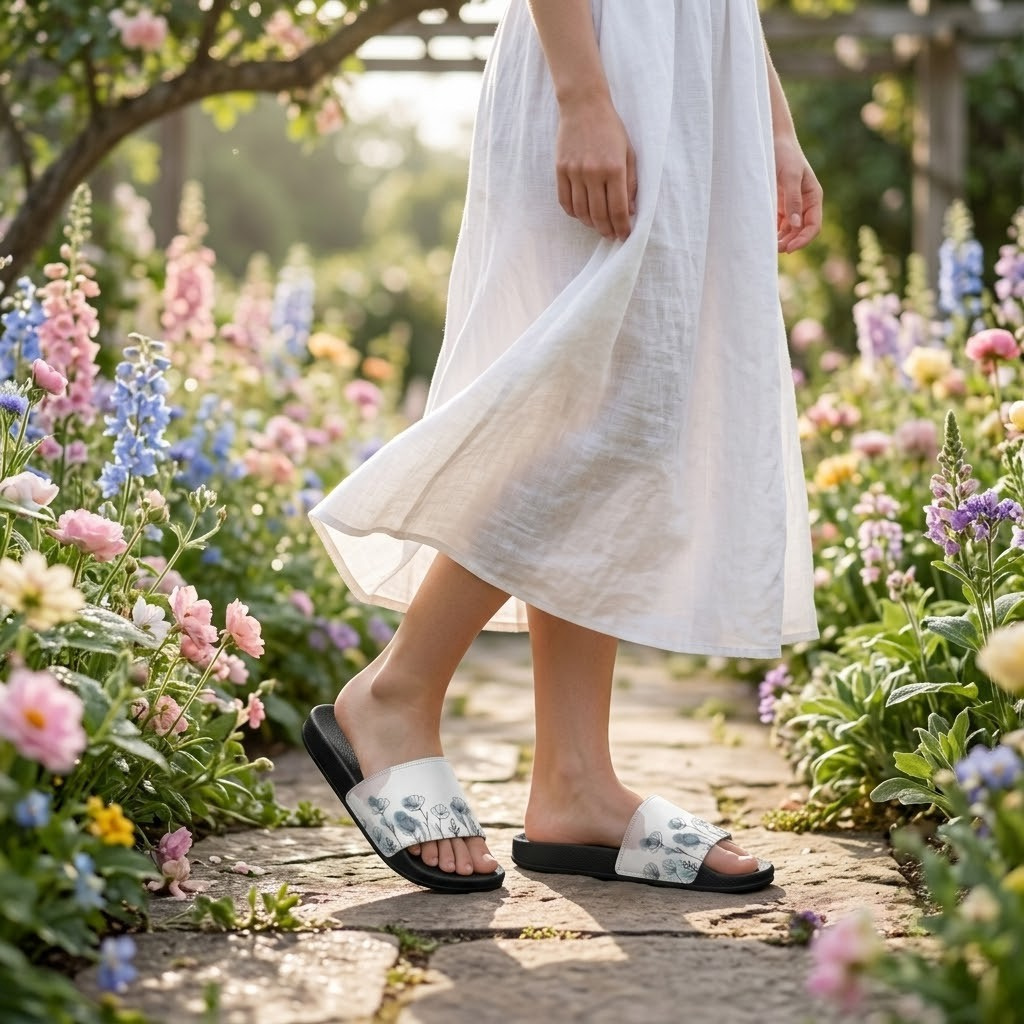 Watercolor Wildflower Youth Sandals | Nature Art Kids Slides