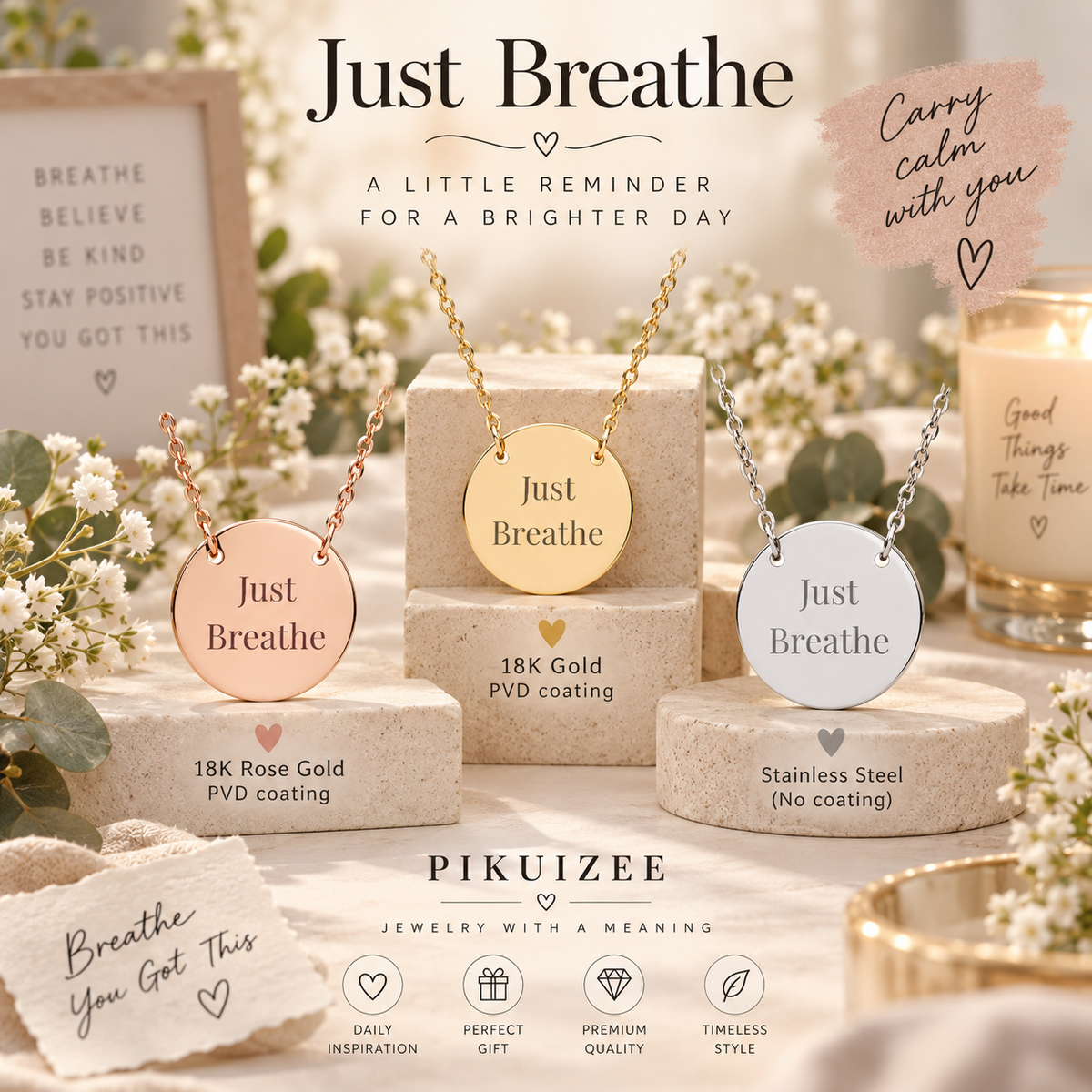 Just Breathe Circle Necklace Inspirational Pendant