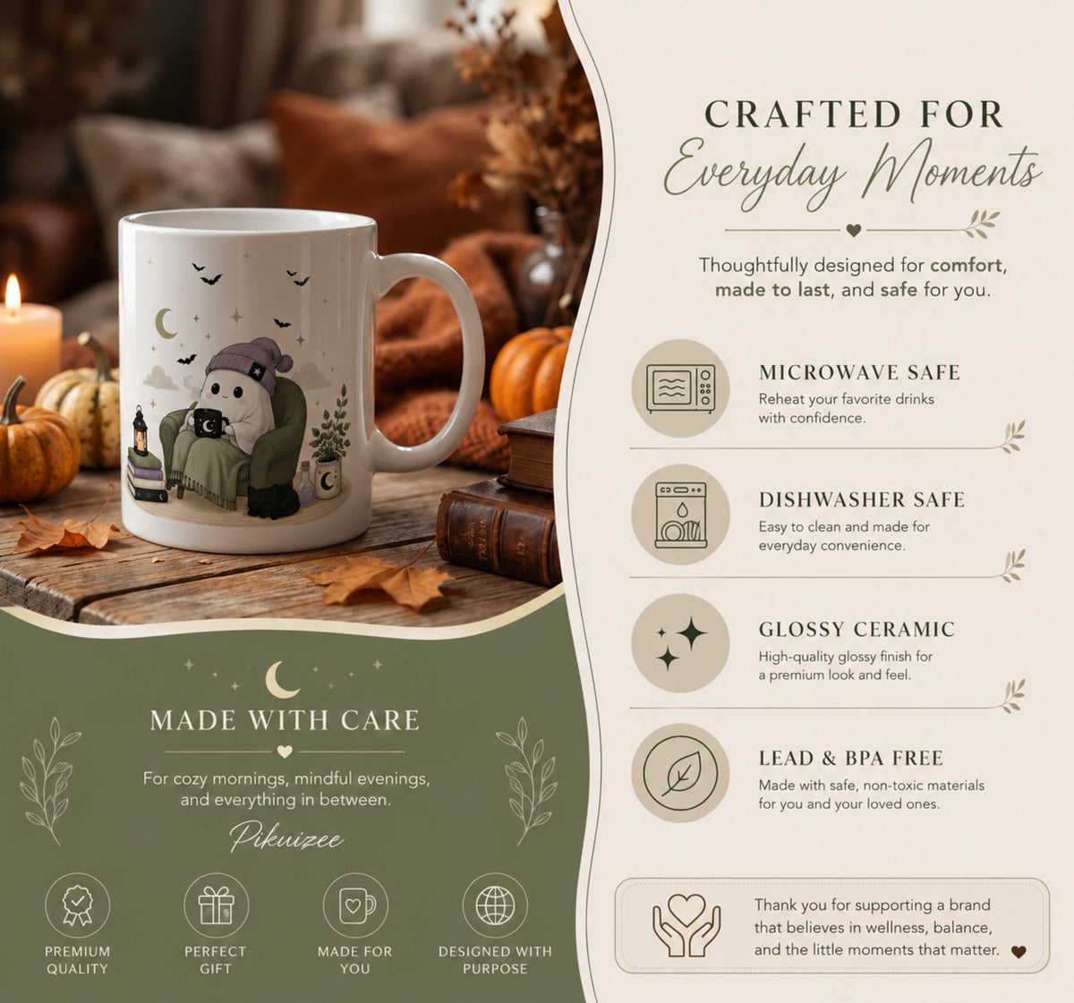 Cozy Halloween Reading Mug Cute Ghost & Cat