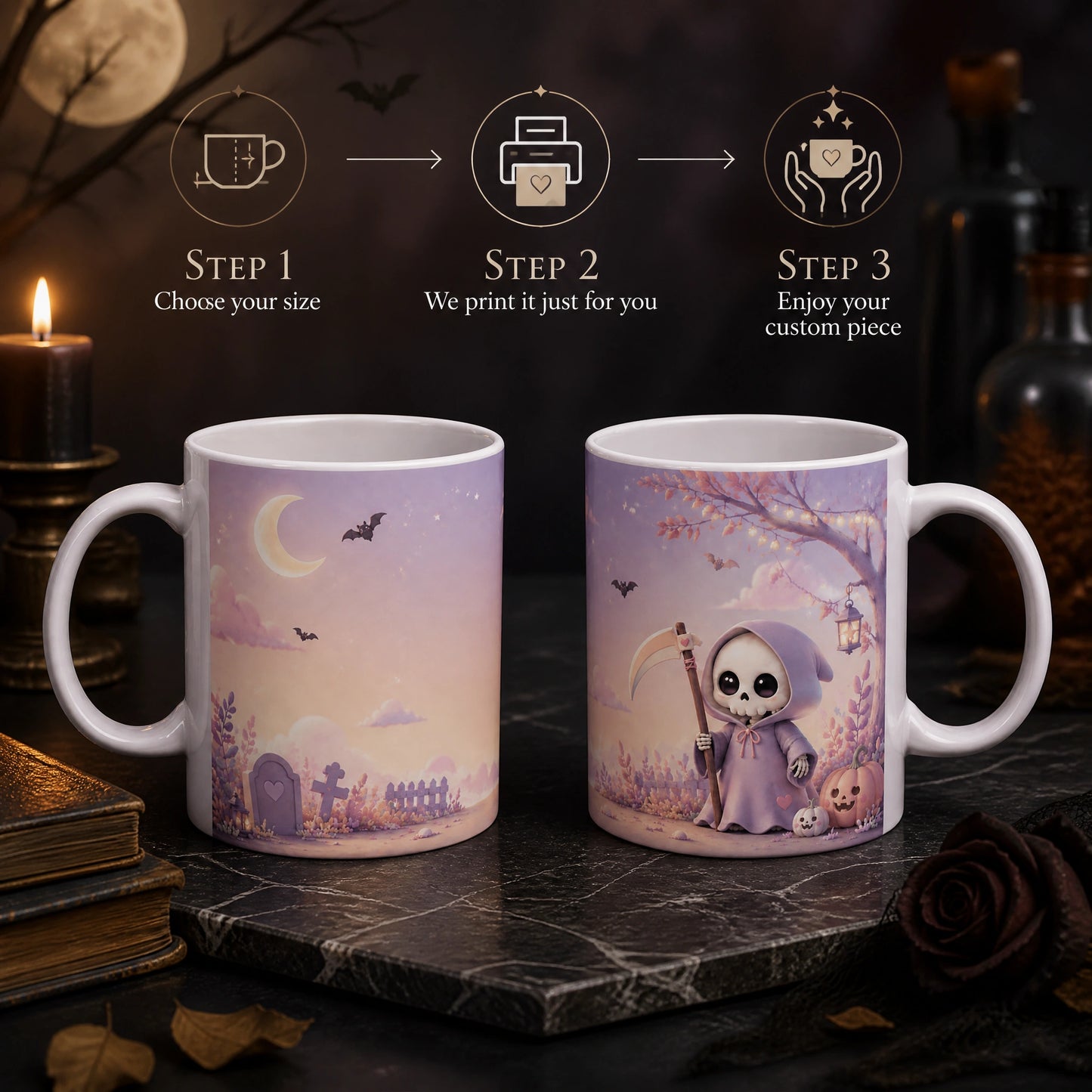 Cute Grim Reaper Ceramic Mug | Halloween Gift - new - Personalization Process